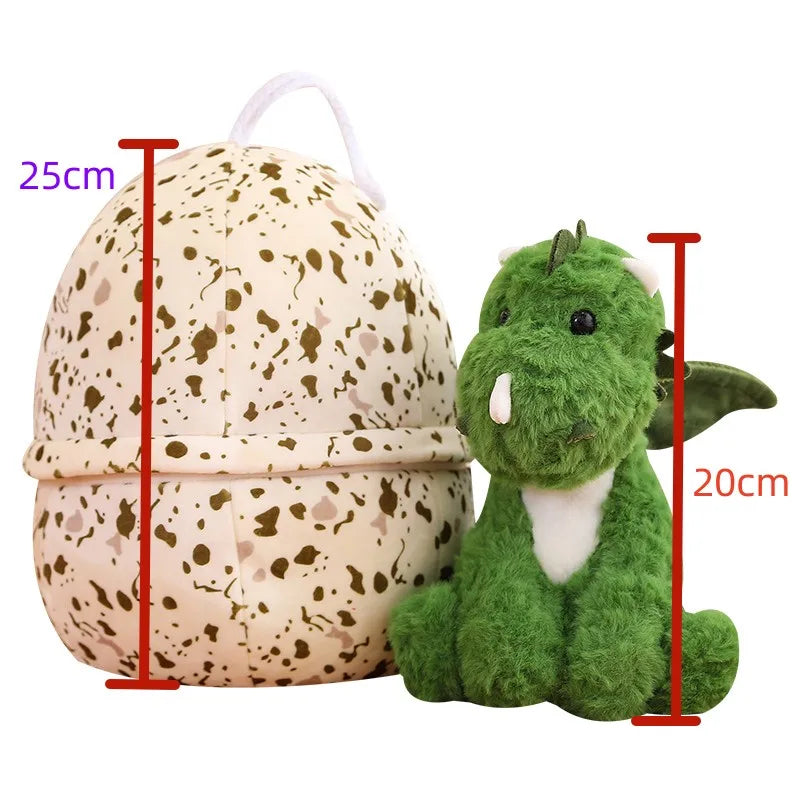 Green plush dinosaur toy next to a egg-shaped container with measurements indicated.