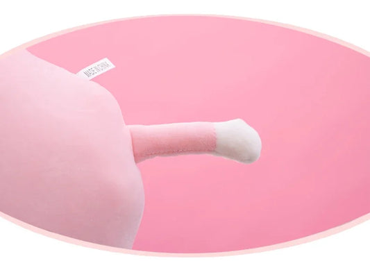 Close up detail of the leg of a pink plush cloud toy.