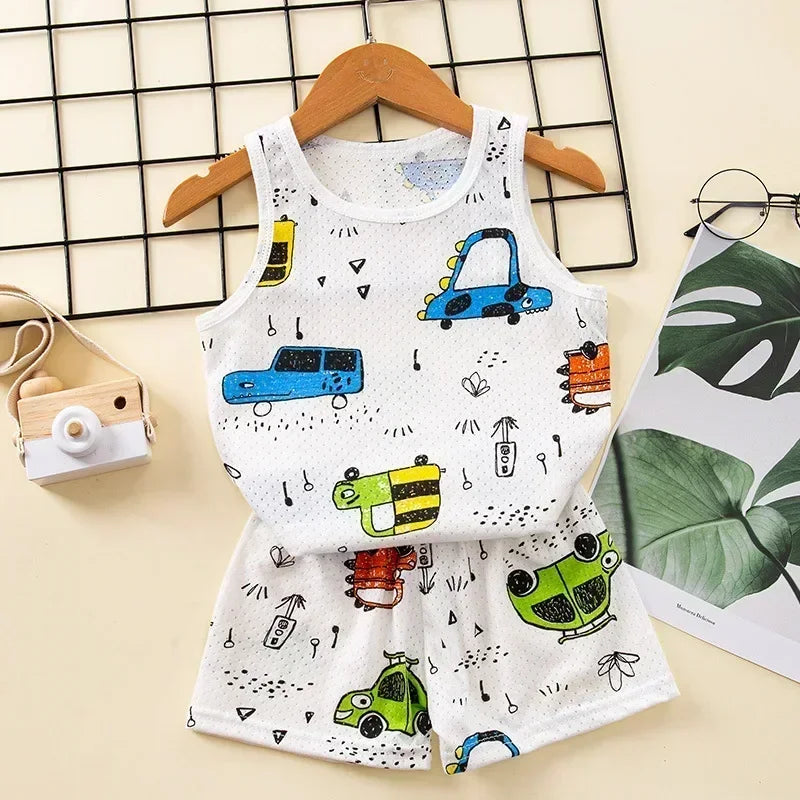 White vest and shorts pyjama set with a vehicle pattern