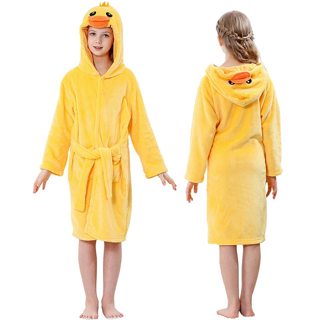Yellow duck-themed robe worn by a child on a white background