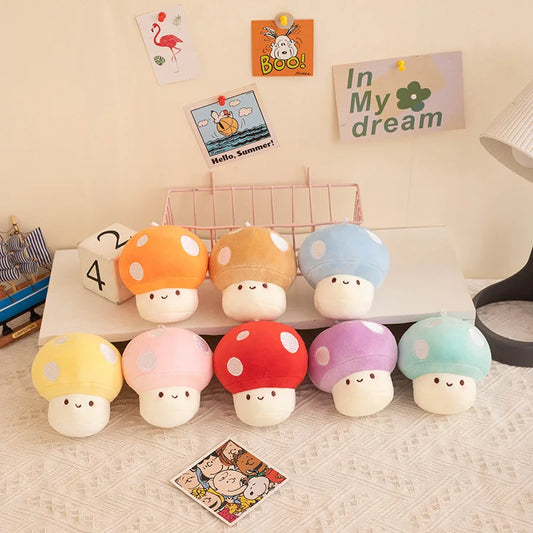 Soft plush colourful mushrooms toys in a cosy setting.