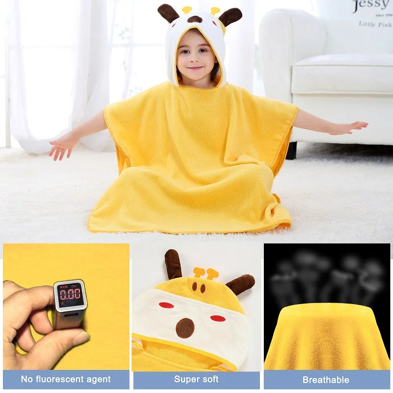 Child wearing a yellow cartoon-themed hooded blanket with close-up details on a light background.