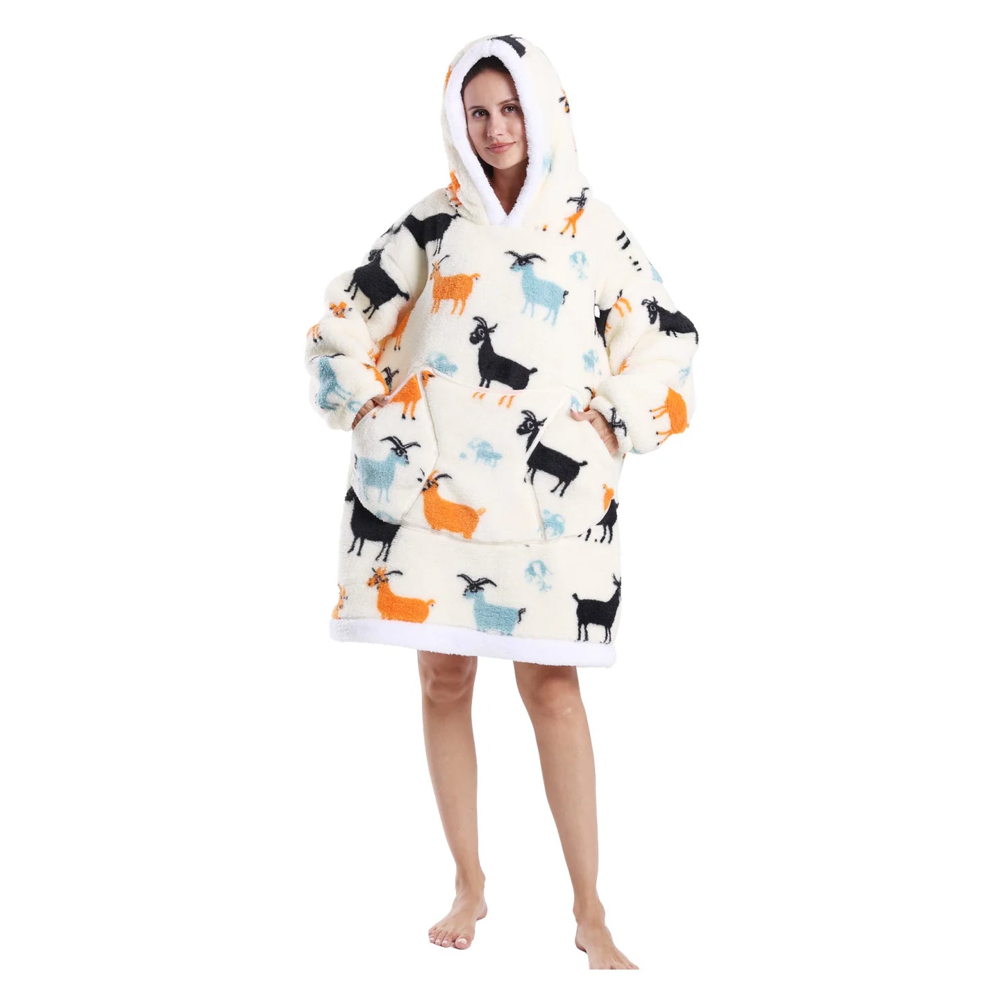 Woman wearing a white oversized lounge hoodie with antelope motifs on a white background