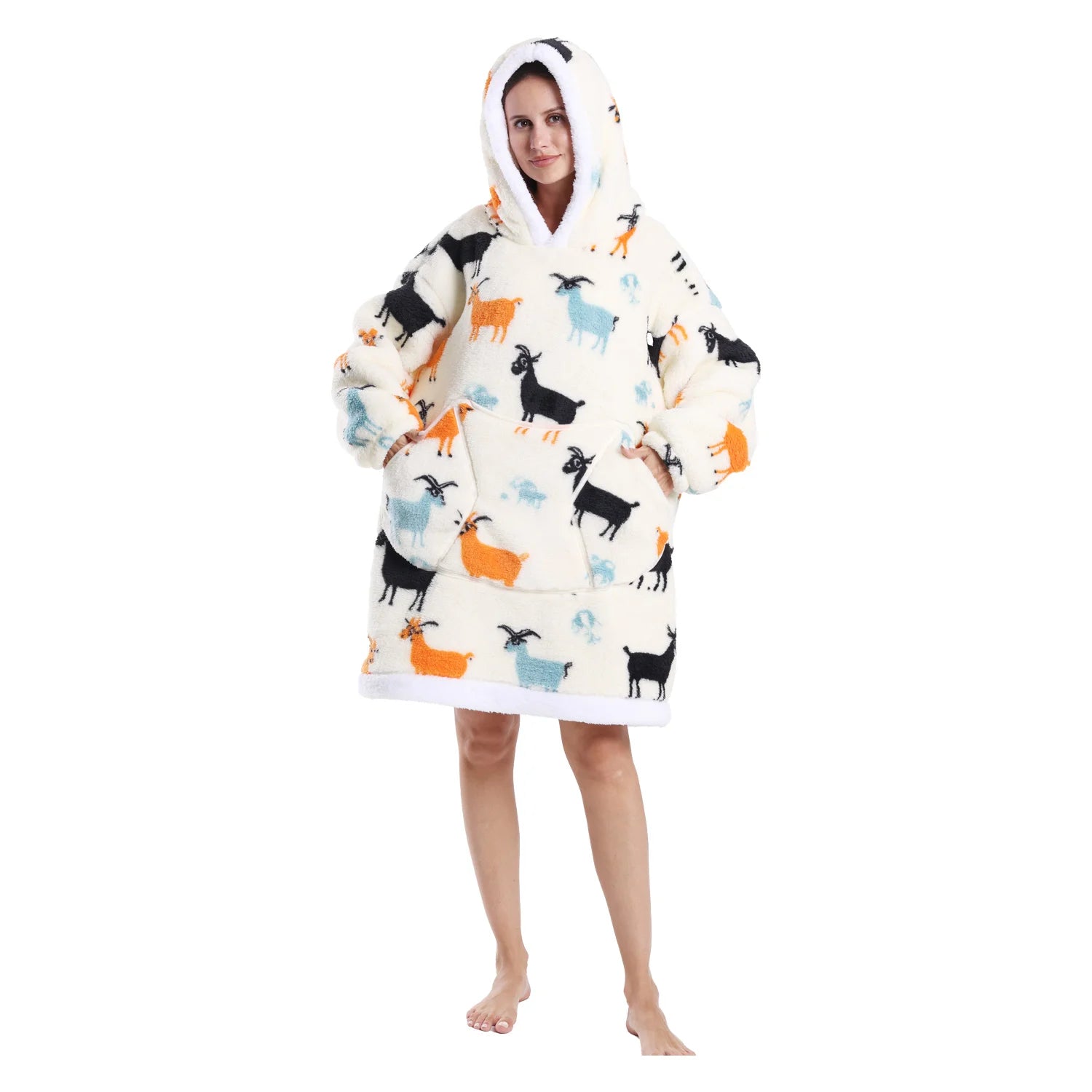 Woman wearing a white oversized lounge hoodie with antelope motifs on a white background