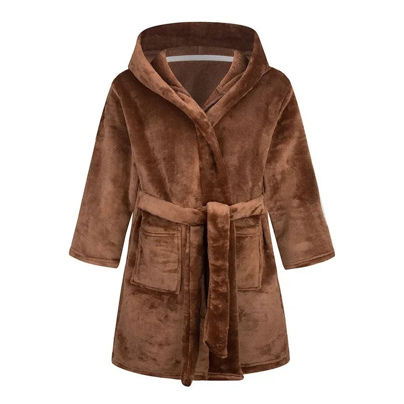 Kids soft hooded bathrobe nightgown in warm brown with rope tie fastening.