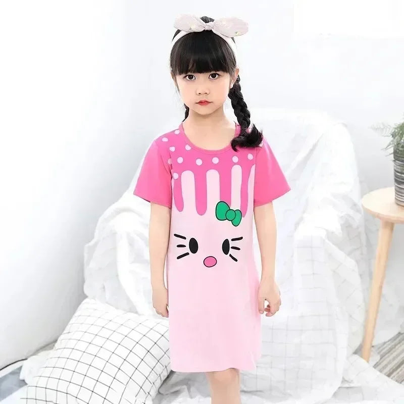 Girls pink cotton nightie with cartoon face print short sleeve sleepwear