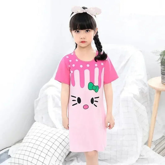 Girls pink cotton nightie with cartoon face print short sleeve sleepwear
