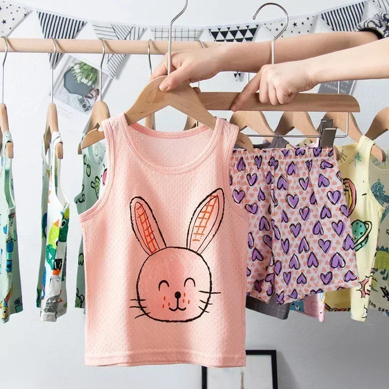 Children's pink tank top with bunny design and purple heart shorts pyjama set