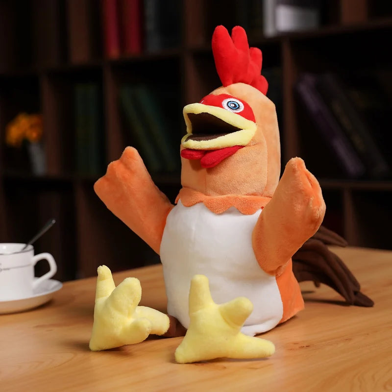 Plush toy rooster on a wooden table with a blurred bookshelf background