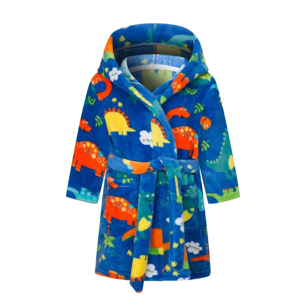 Boys blue bath robe with a dinosaur design on a white background