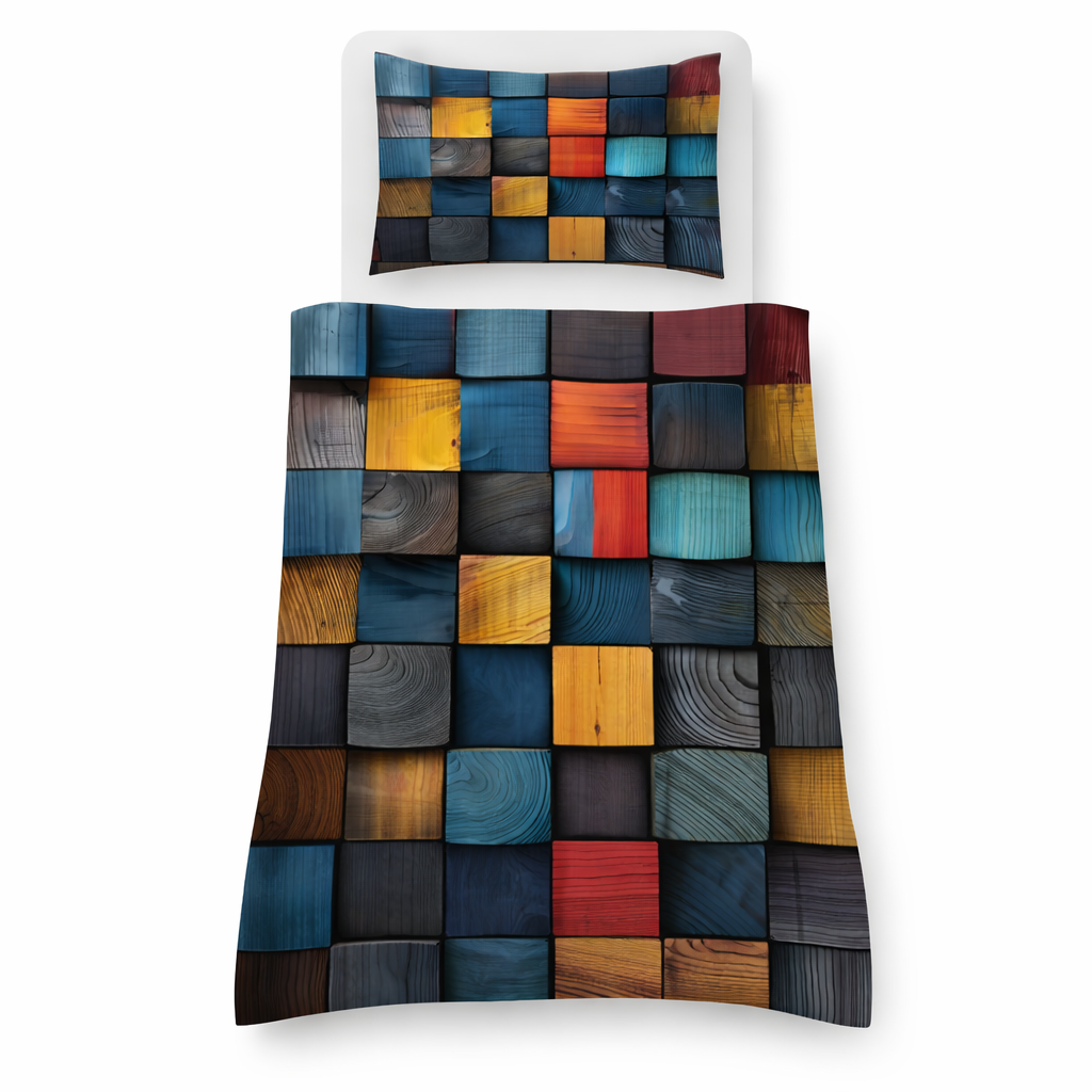 Wood effect geometric bedding set on a white background