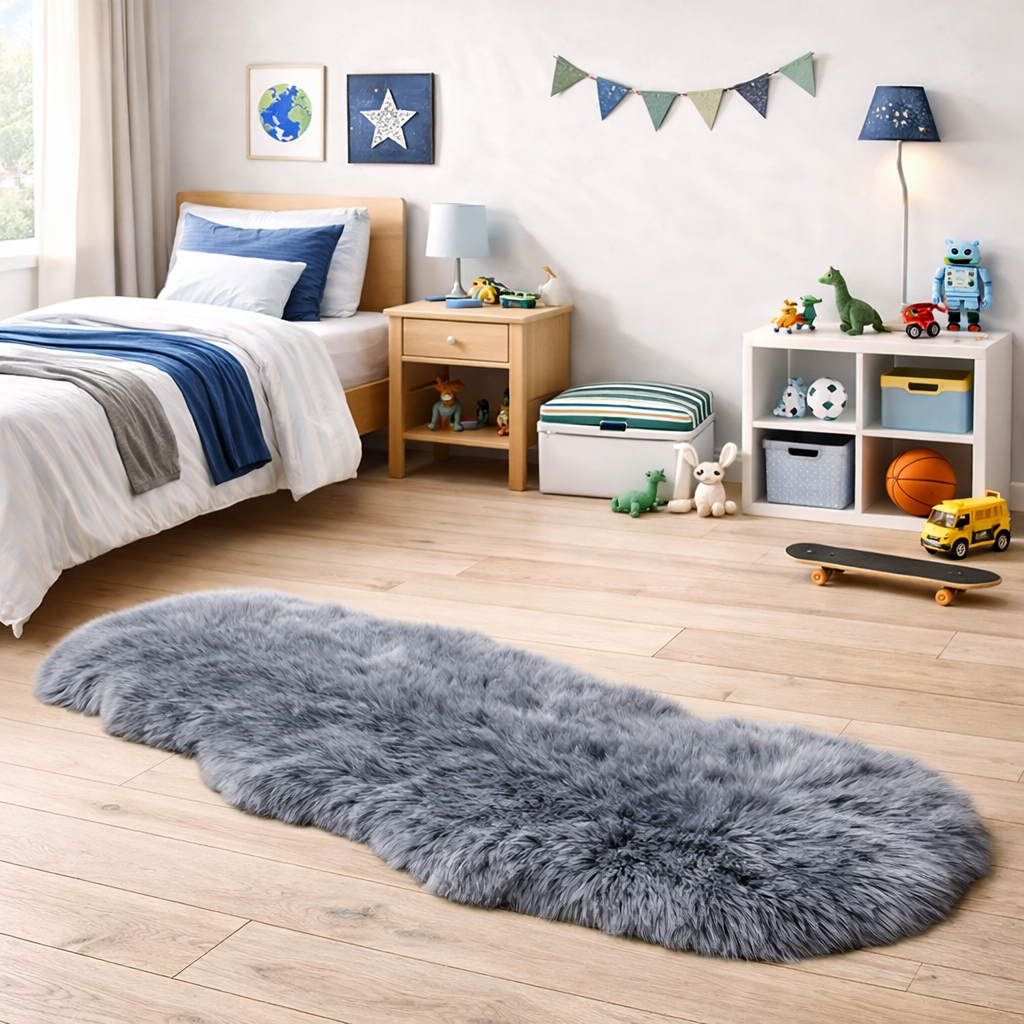 Children's bedroom with a fluffy grey rug on the floor, bed, toys, and shelves.