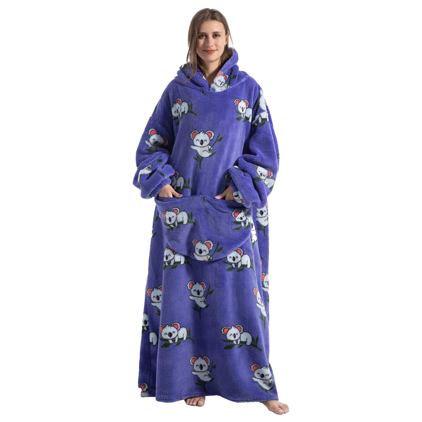 Person wearing a purple hoodie with panda patterns on a white background