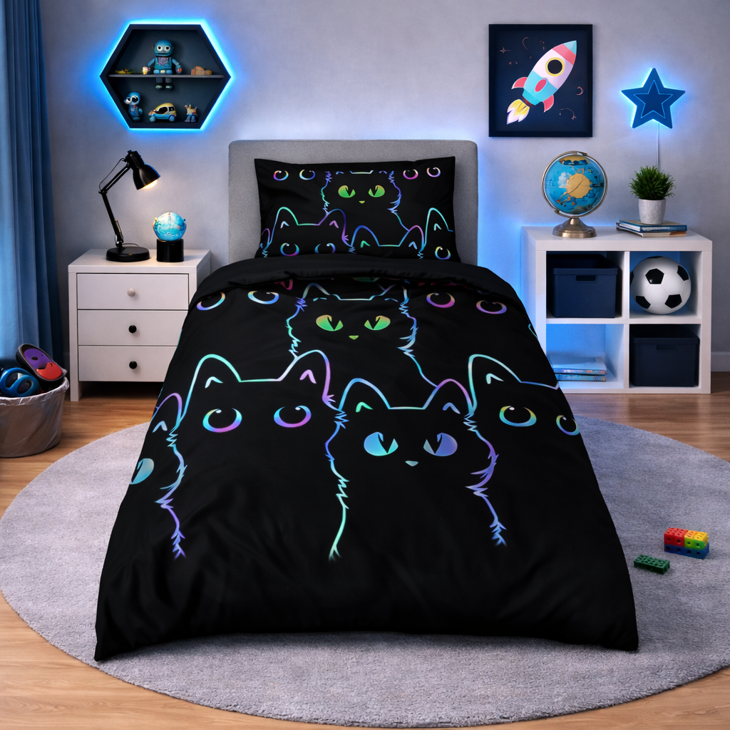 Kids neon cat duvet cover set with colourful glowing cat faces on black background in a boys bedroom setting