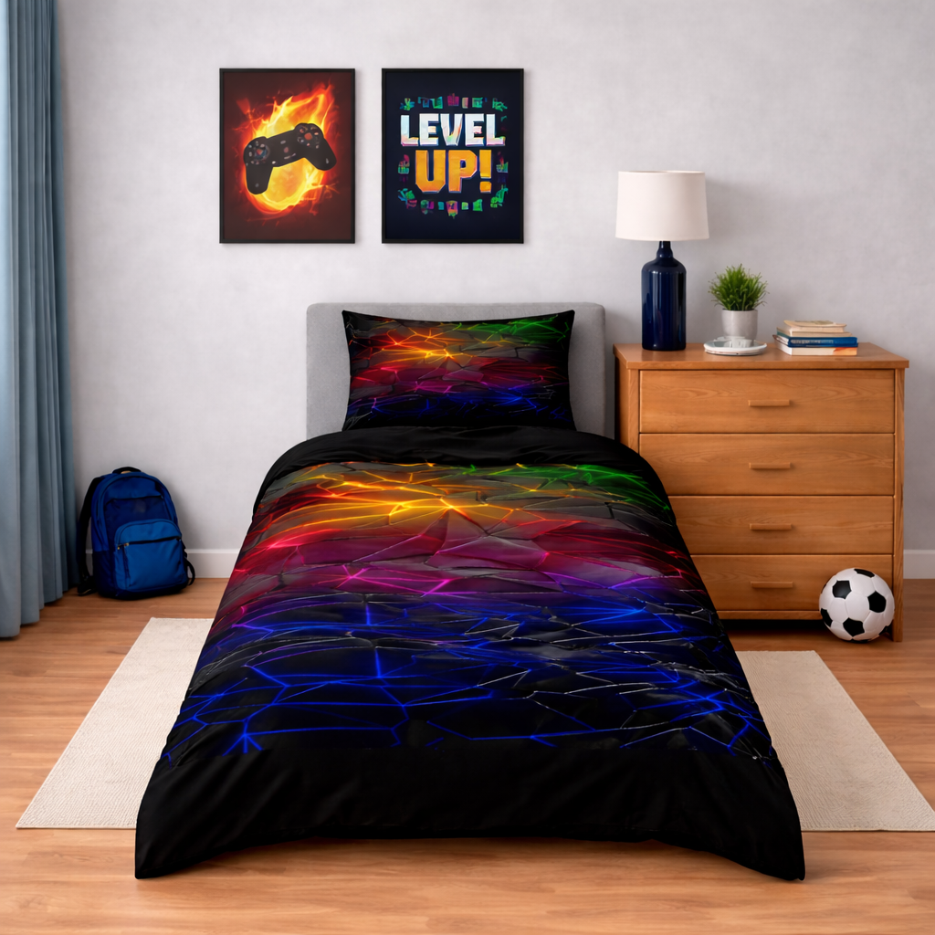 Multicoloured neon geo design duvet cover and pillowcase in a bedroom setting