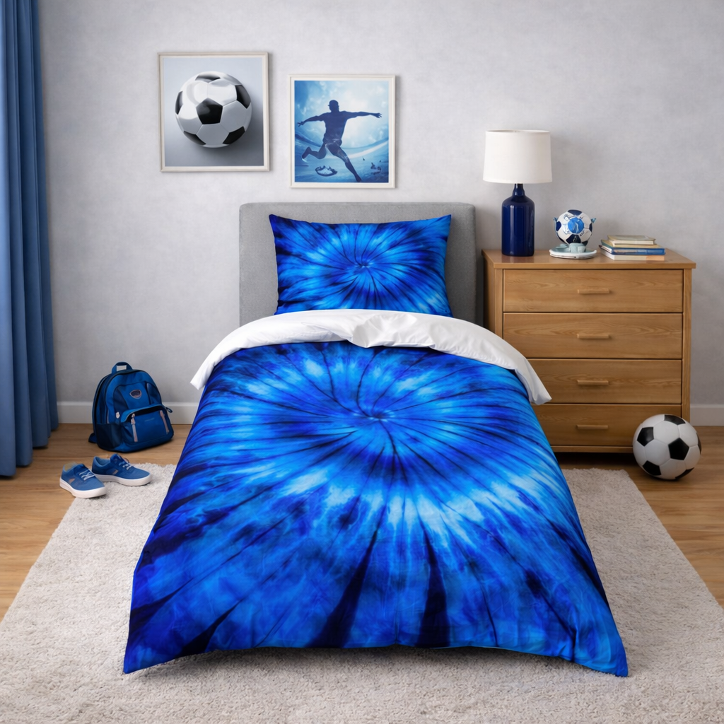 Blue tie-dye bedding set on a bed in a room with sports-themed decor.