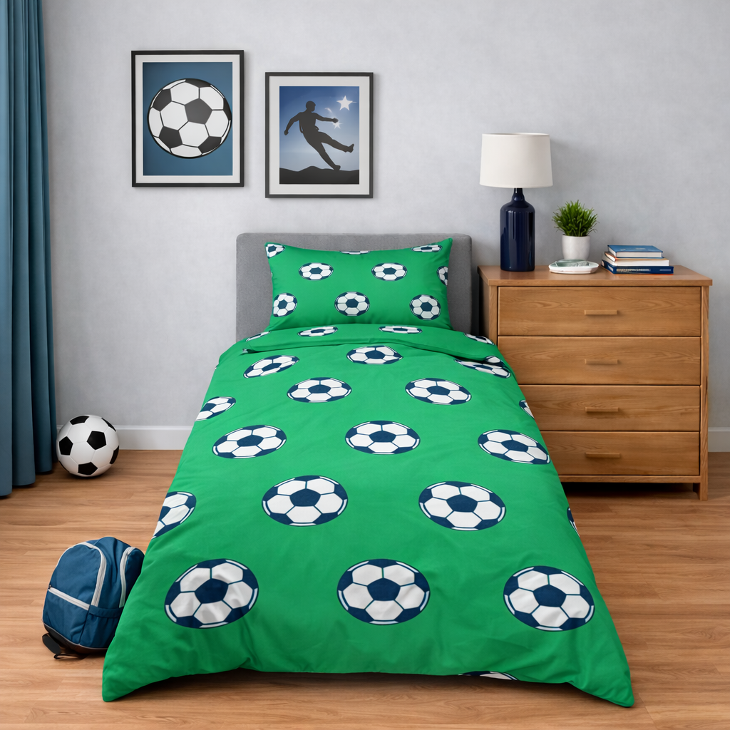 Green bedspread with soccer ball pattern in a bedroom setting