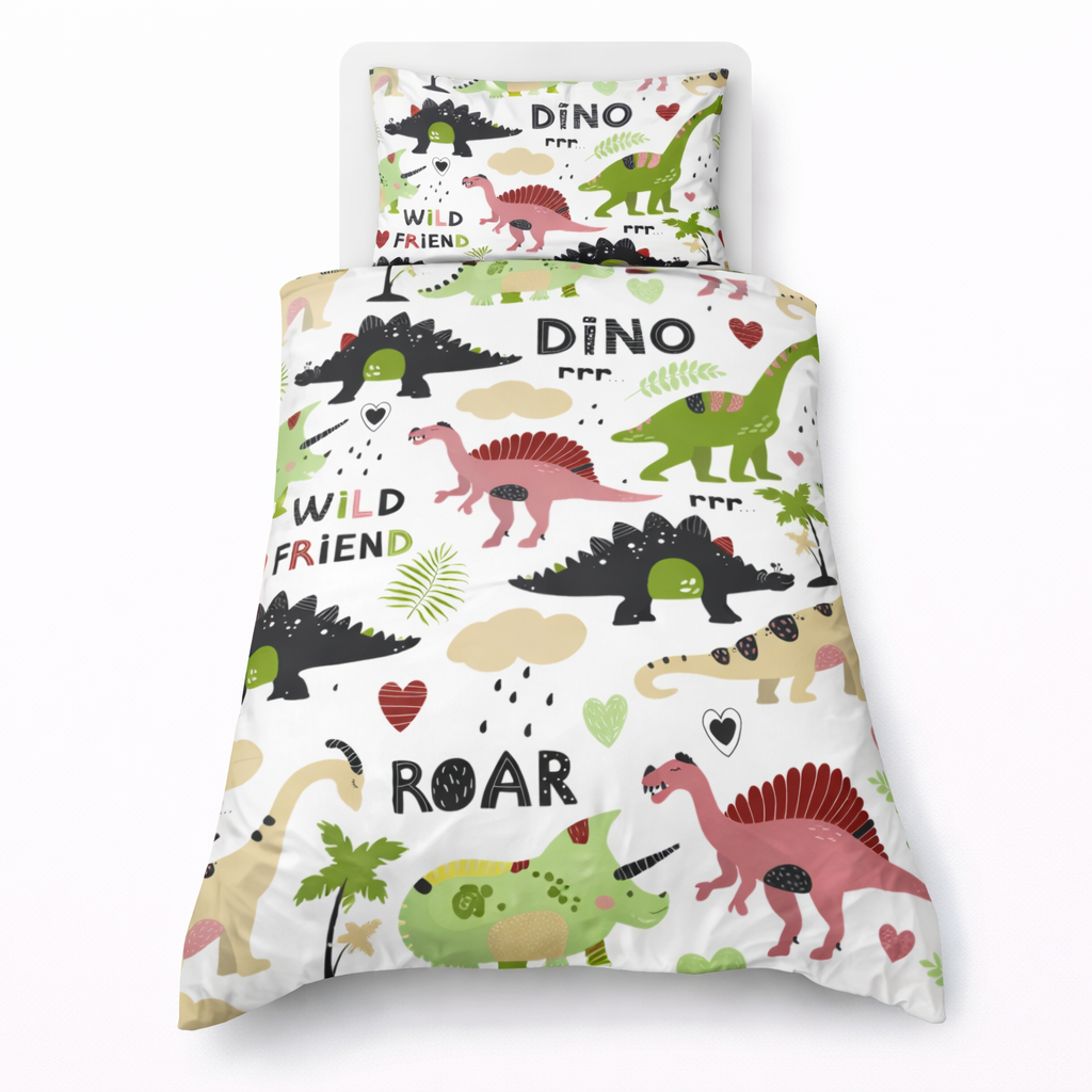 Children's bedding set with dinosaur pattern on a white background