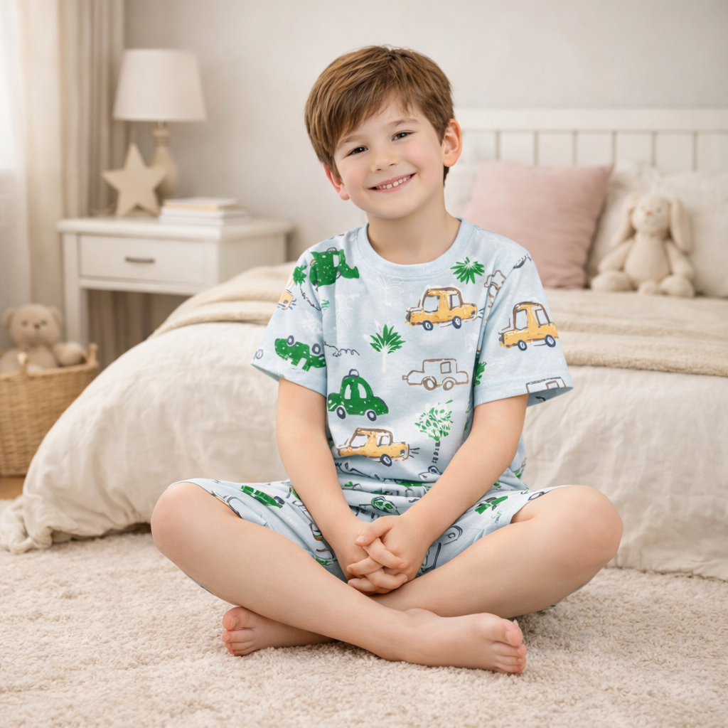 Child wearing pyjamas with vehicle patterns sitting on a carpet in a bedroom.