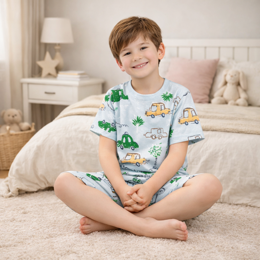 Child wearing pyjamas with vehicle patterns sitting on a carpet in a bedroom.