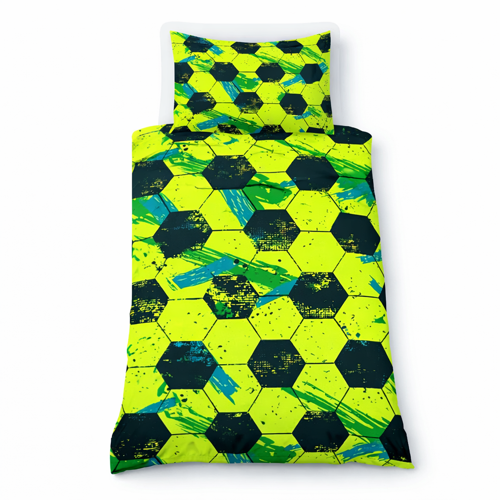 Neon green and black soccer ball patterned bedding set on a white background