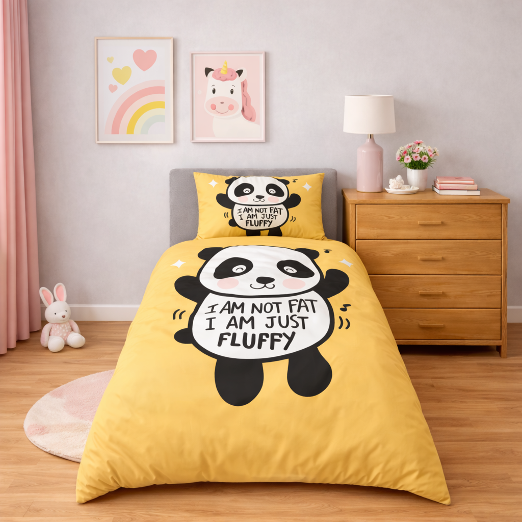 'I am not fat I am just fluffy' yellow panda design duvet cover and pillowcase