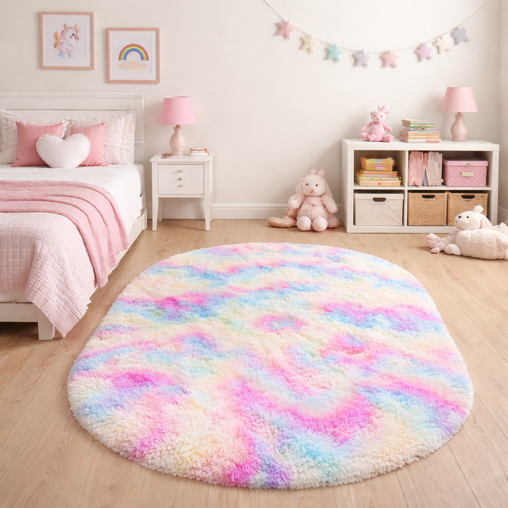 Pastel rainbow tie dye oval plush rug placed on a wooden floor in a pink bedroom