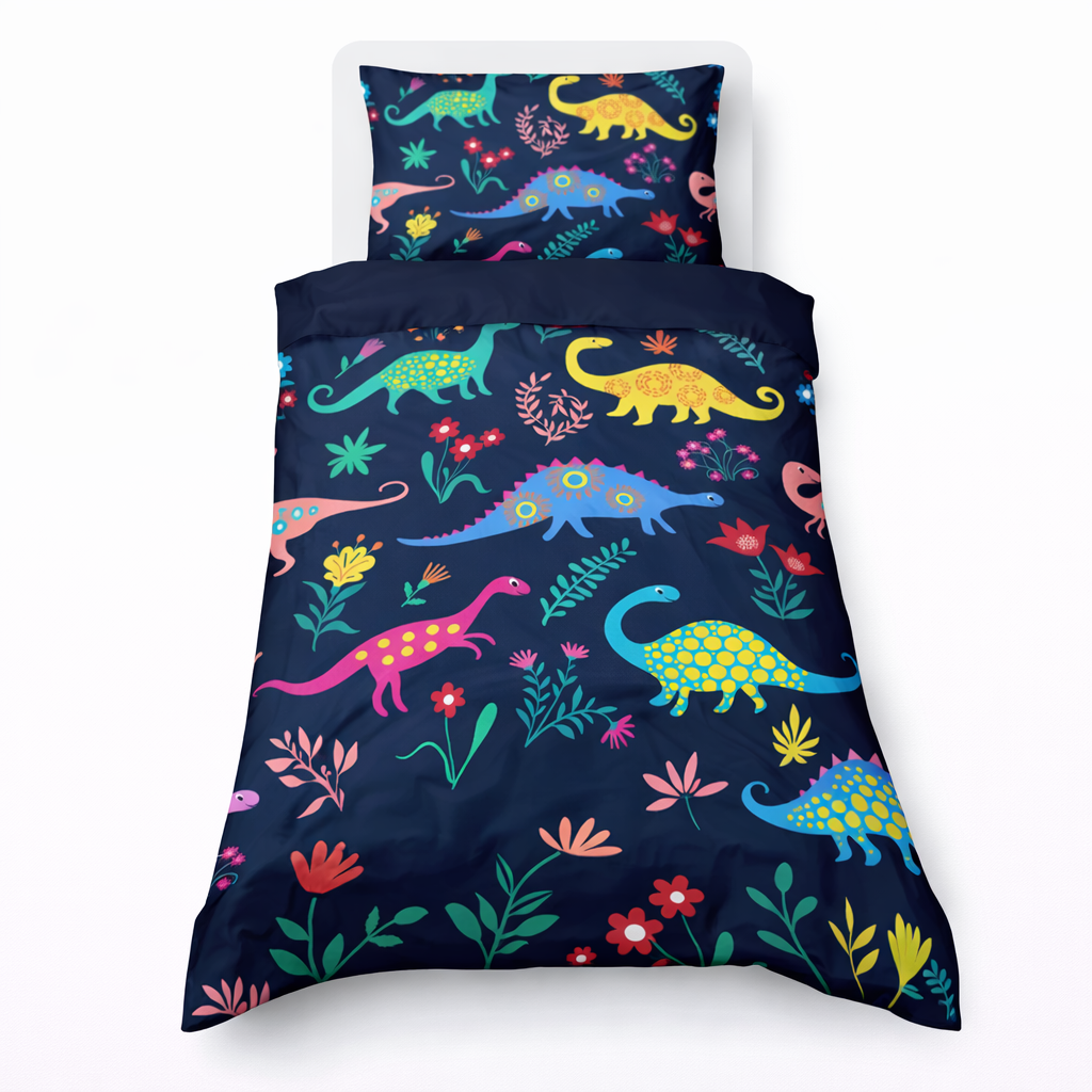 Colourful dinosaur design on a navy duvet with matching pillowcase on a white background