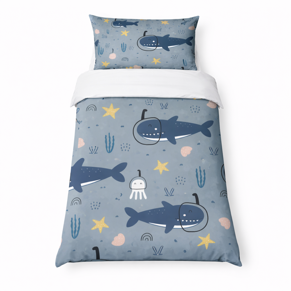 Children’s single scuba shark duvet set with sharks, jellyfish and coral on blue duvet on a white background