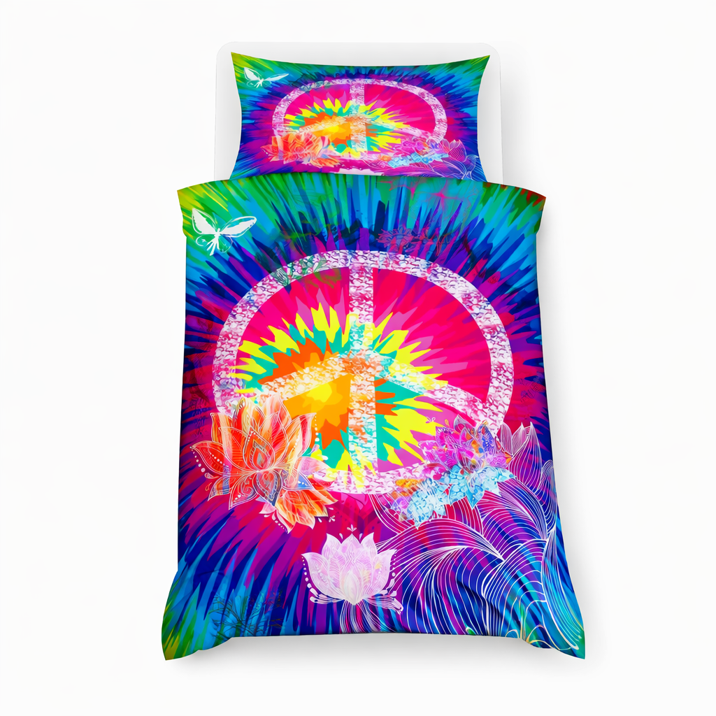 Colourful tie-dye bedding set with peace symbol and floral designs on a white background