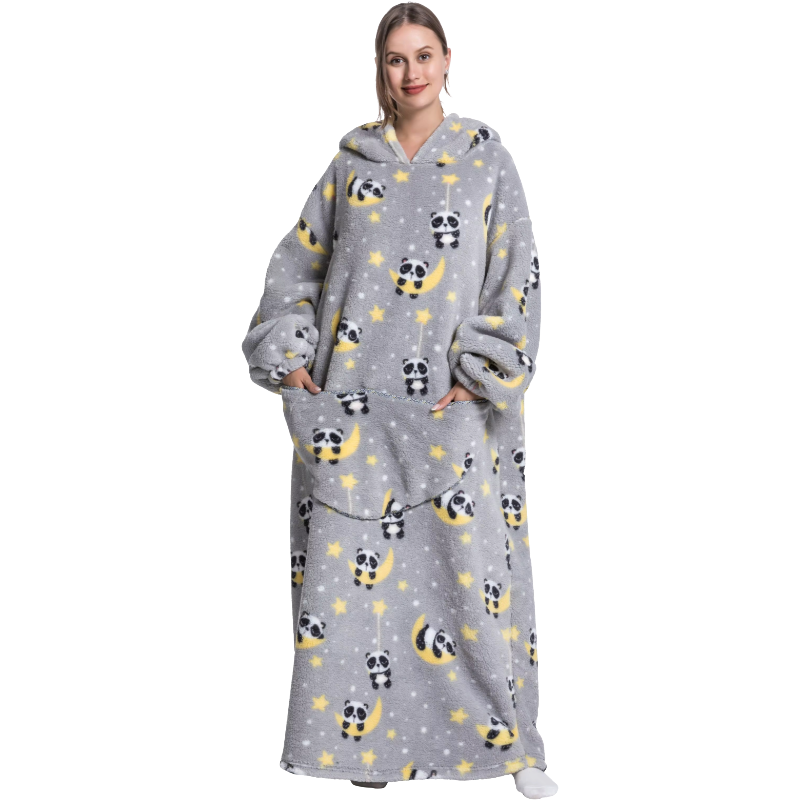 Person wearing a grey hoodie with panda and star pattern on a white background