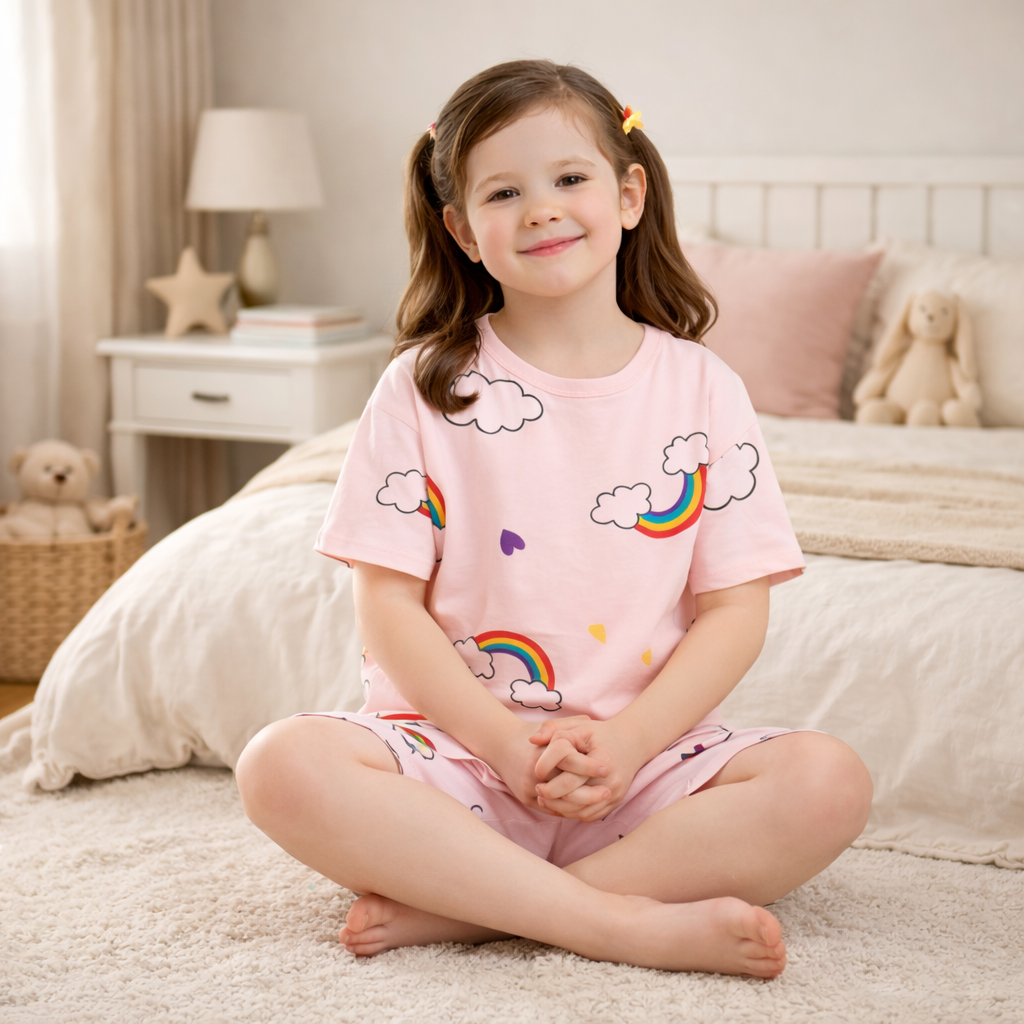 Young girl wearing a pink pyjama set with rainbow and cloud designs, sitting on a bed in a cosy bedroom.
