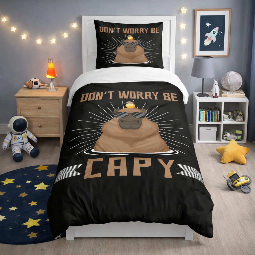 Bedding set with 'Don't Worry Be Capy' design in a child's bedroom.