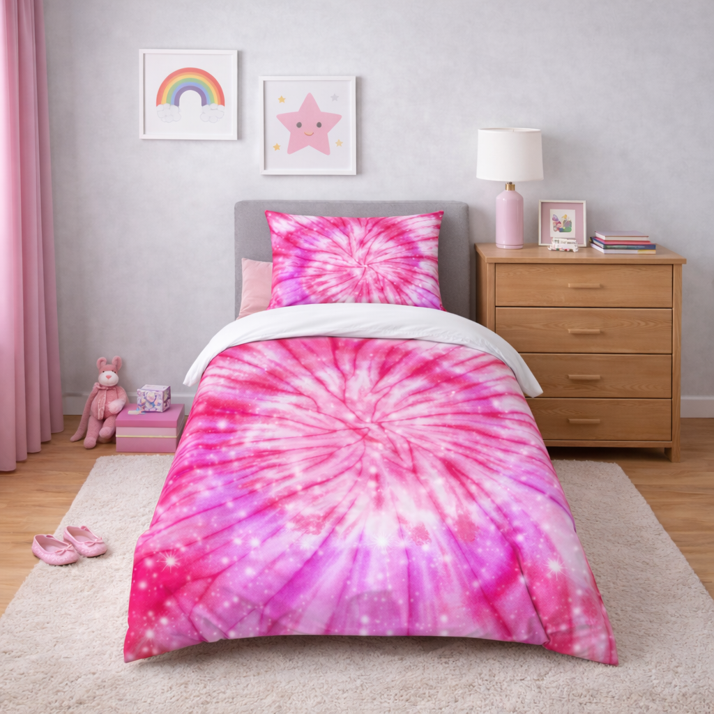 Pink tie-dye bedding set in a bedroom with a wooden nightstand and decorative items.