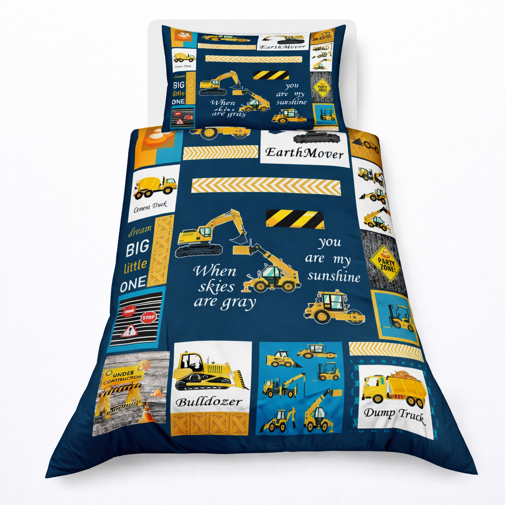 Children's bedding set with construction vehicle theme on a blue background