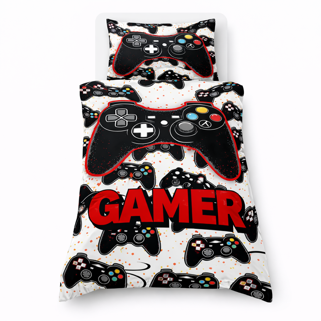 Bedding set with gaming controller design and 'Gamer' text on a white background