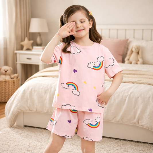 Child wearing pink pyjamas with rainbow and cloud patterns in a bedroom.