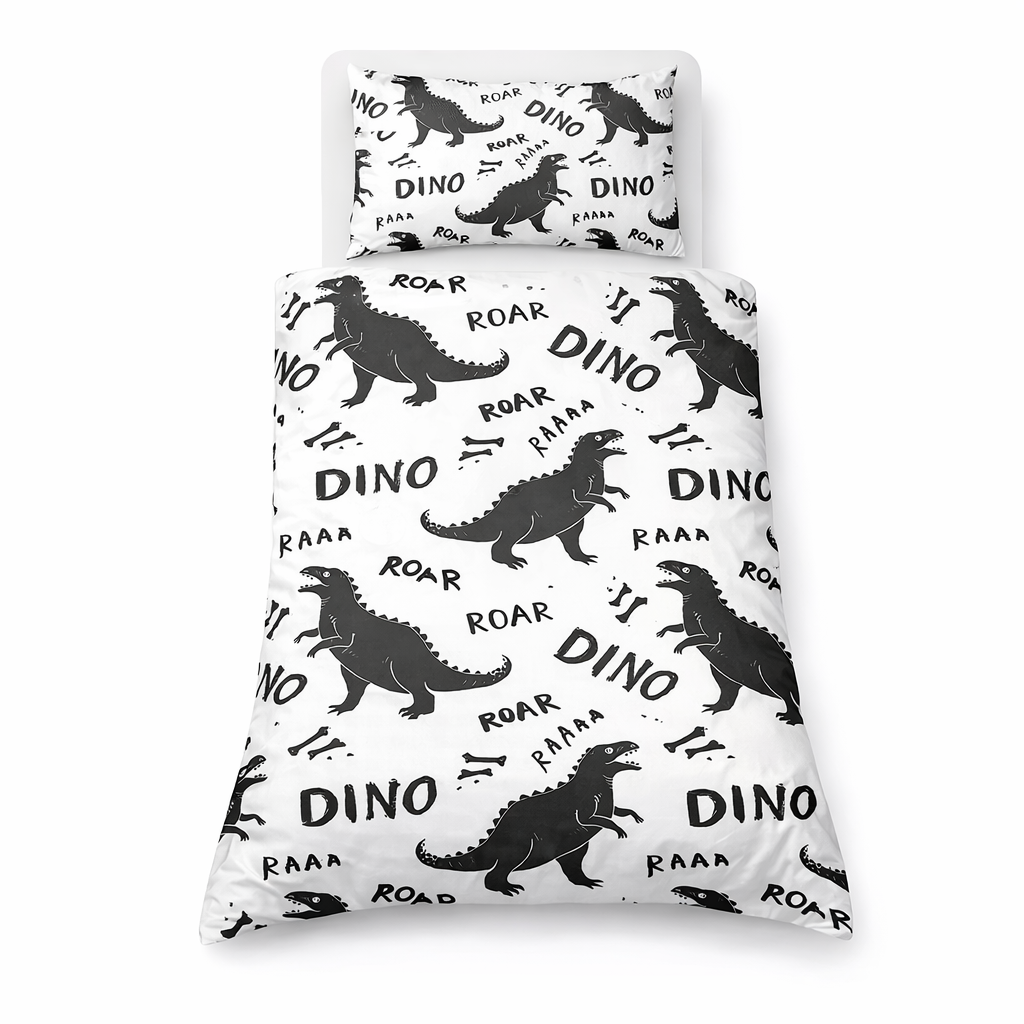 White bedding with black dinosaur design on a white background