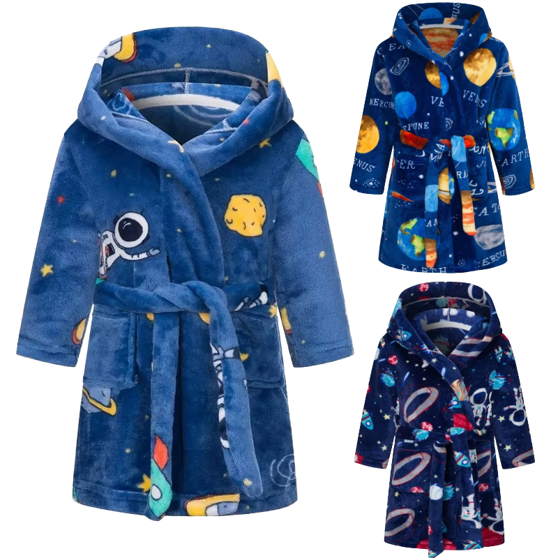 3 different space themed bath robes on a white background