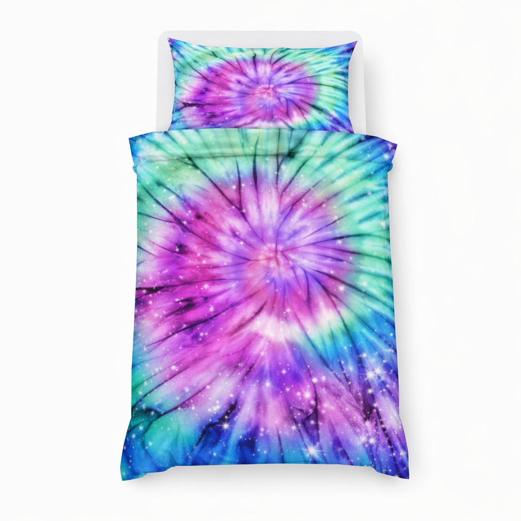Tie-dye bedding set with a spiral pattern on a white background