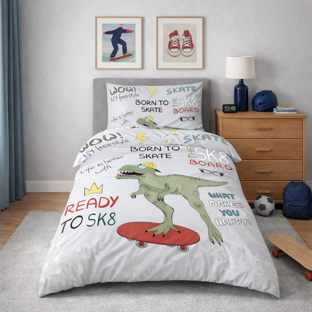 Children's bedroom with dinosaur-themed bedding and skateboarding decor.