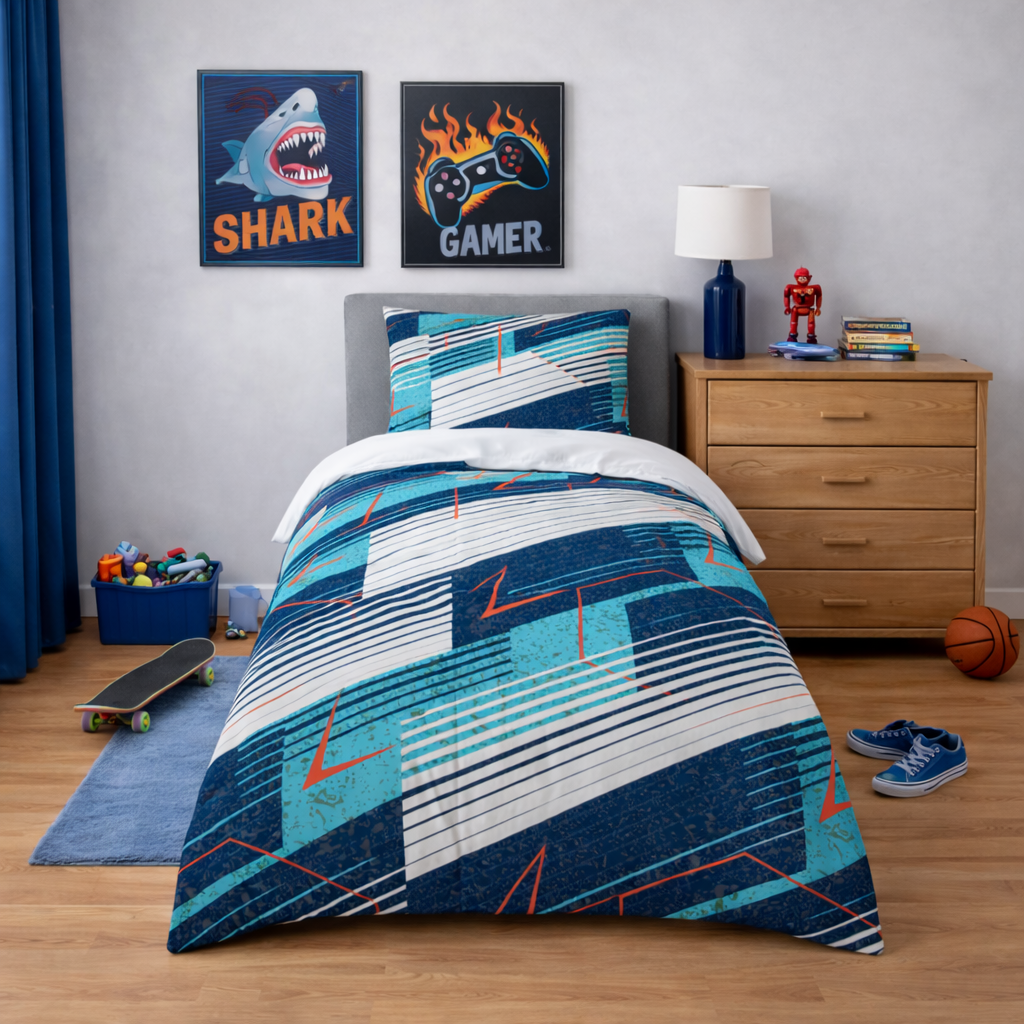 Children's bedroom with blue and white bedding set, 'Shark' and 'Gamer' posters on the wall, and a wooden dresser.
