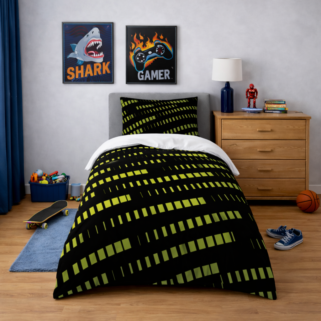 Black and green geometric duvet set with bright green pattern and matching pillowcase