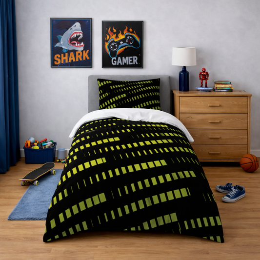 Black and green geometric duvet set with bright green pattern and matching pillowcase