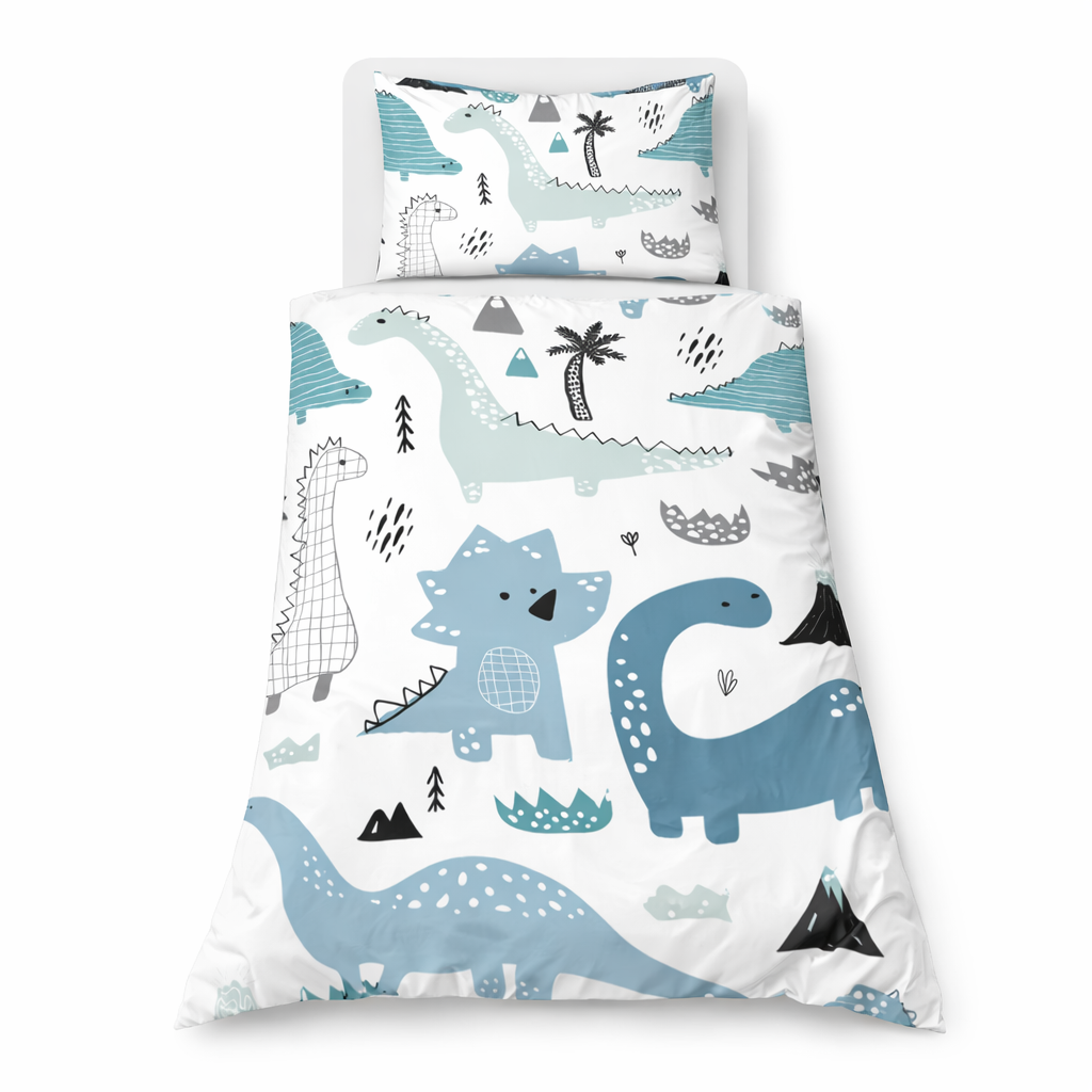 Dinosaur theme duvet set on a white background