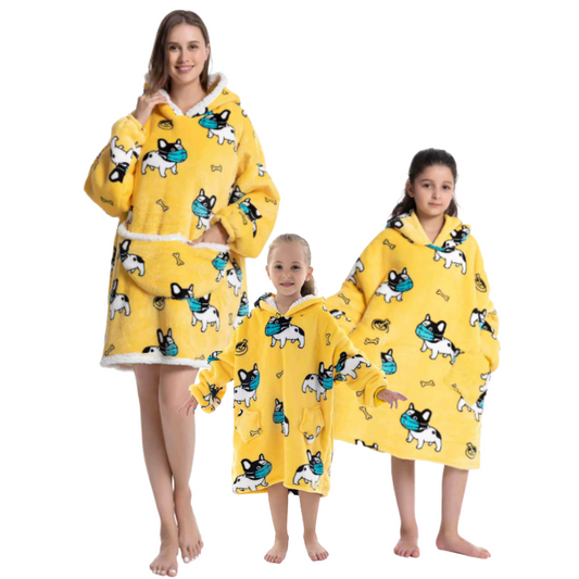 Adult and two children wearing yellow dog with mask oversized wearable hoodies