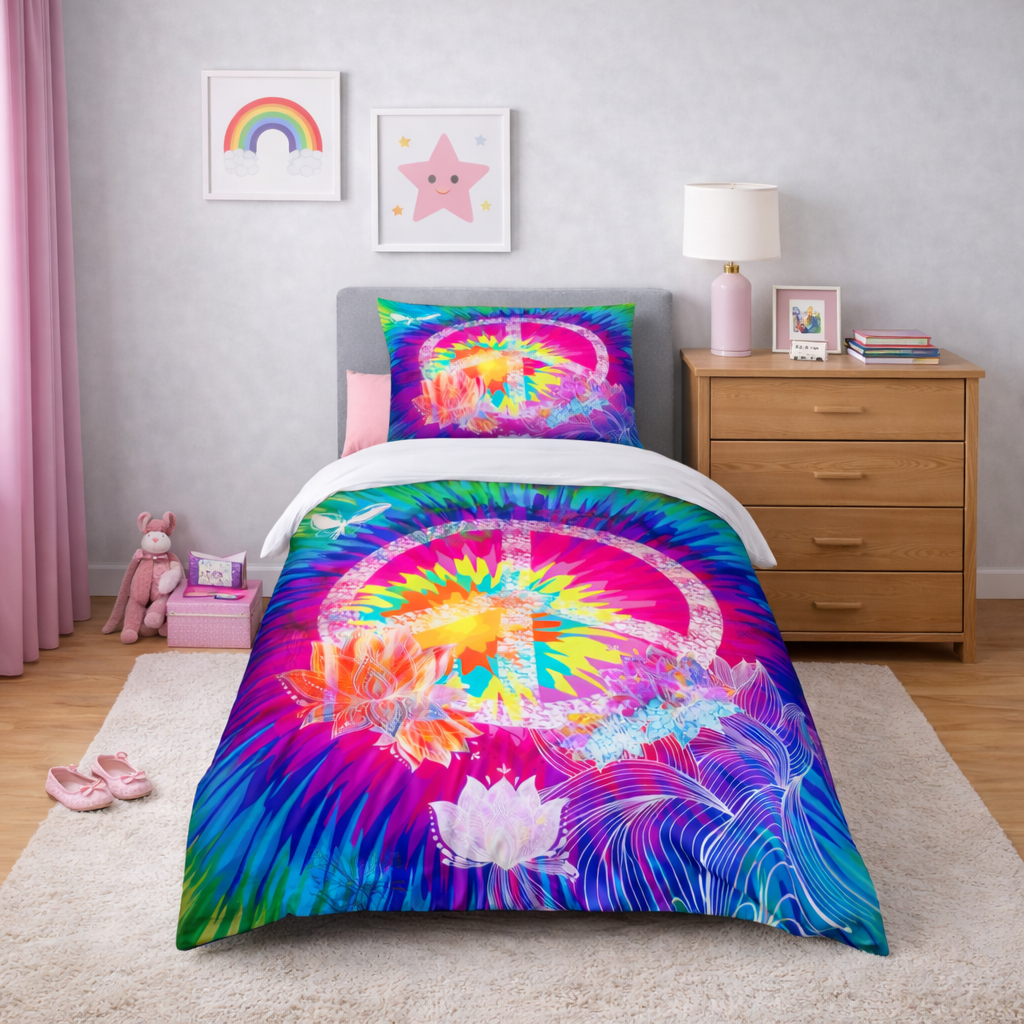 Colorful tie-dye bedspread with peace symbol and lotus flower on a bed in a bedroom.