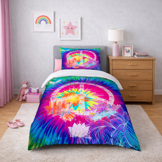 Colorful tie-dye bedspread with peace symbol and lotus flower on a bed in a bedroom.