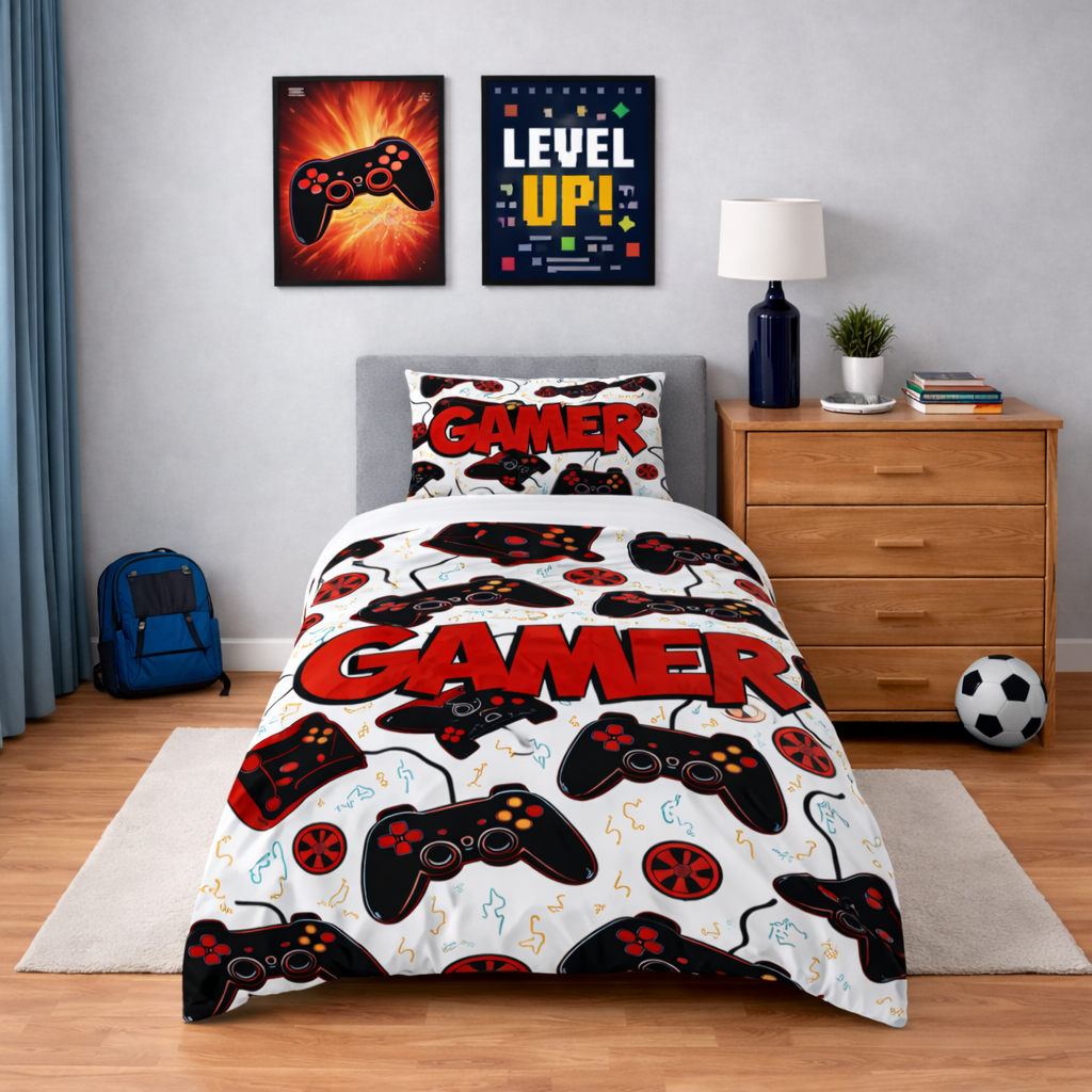 Kids gamer duvet set with red gamer text and controller pattern