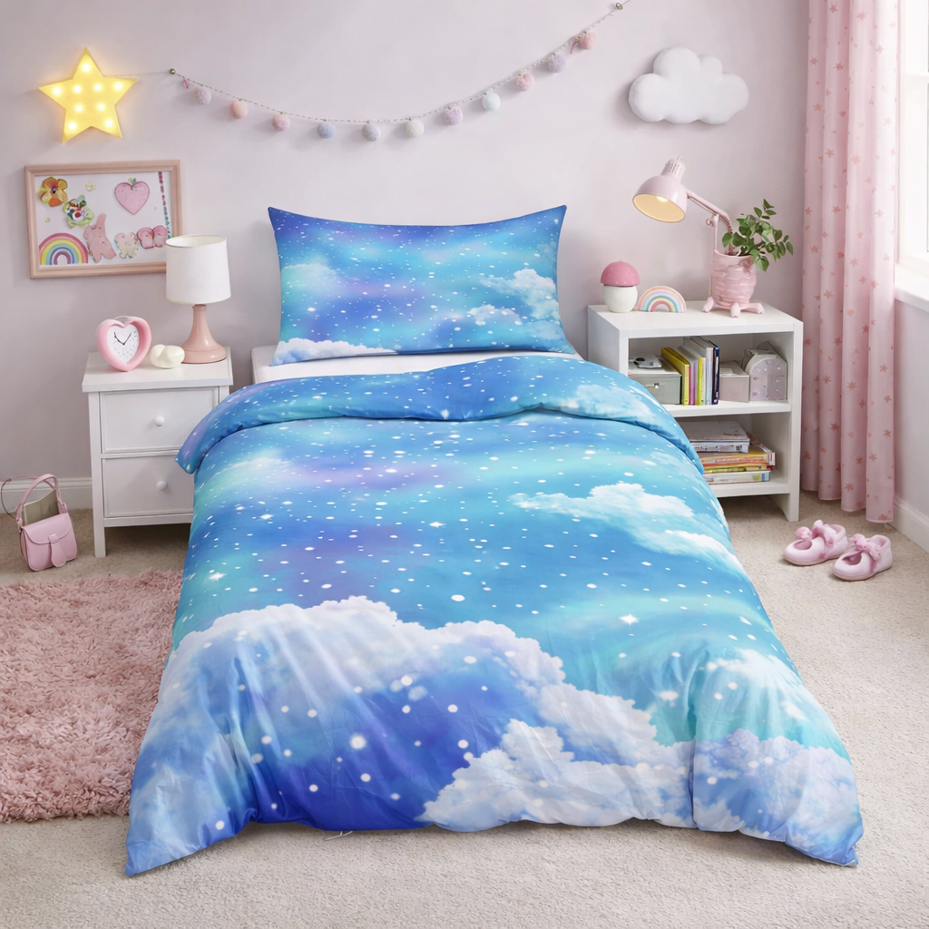 Blue cloudy and star design bedding set in a girls bedroom setting